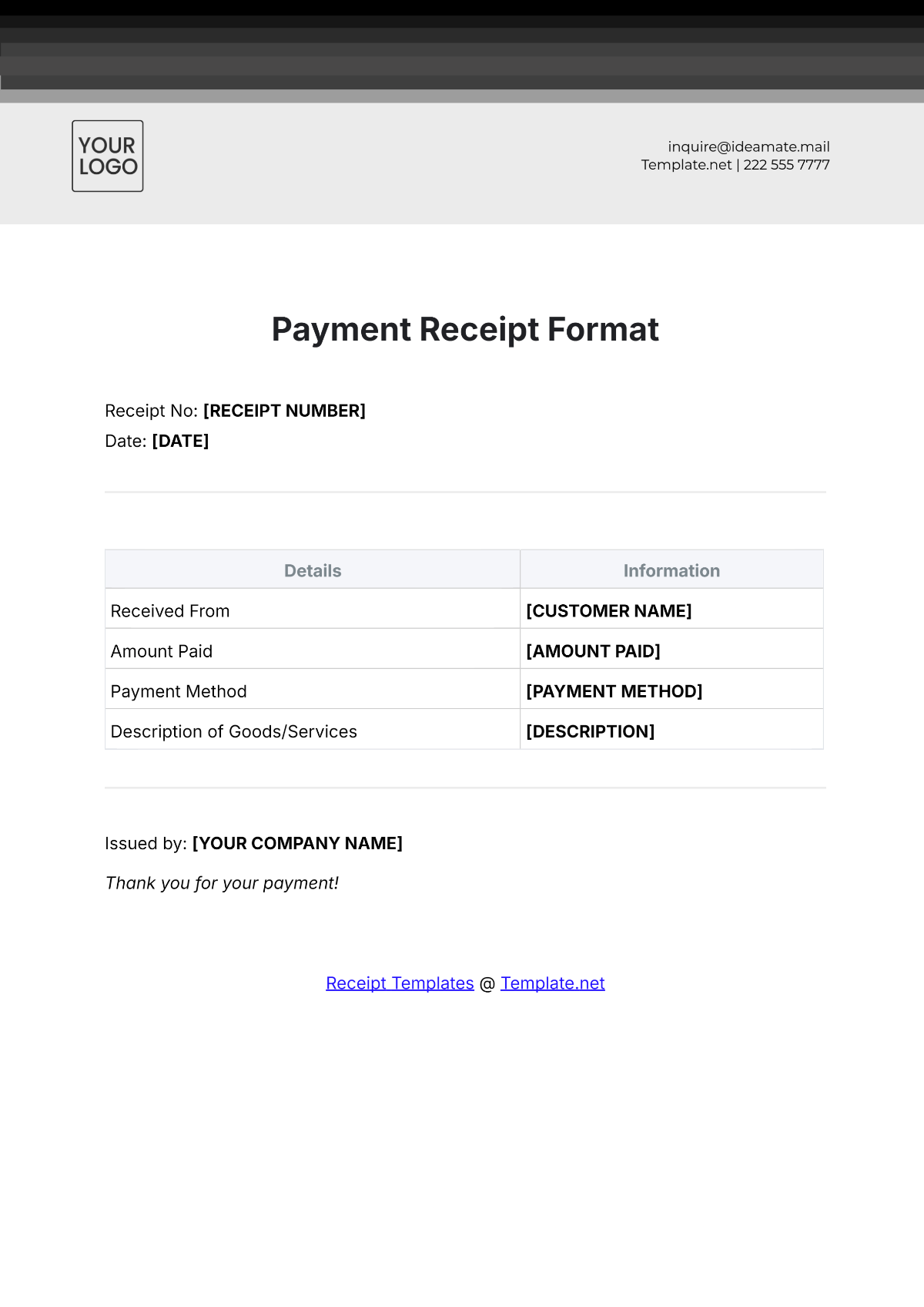 Payment Receipt Format Template - Edit Online & Download