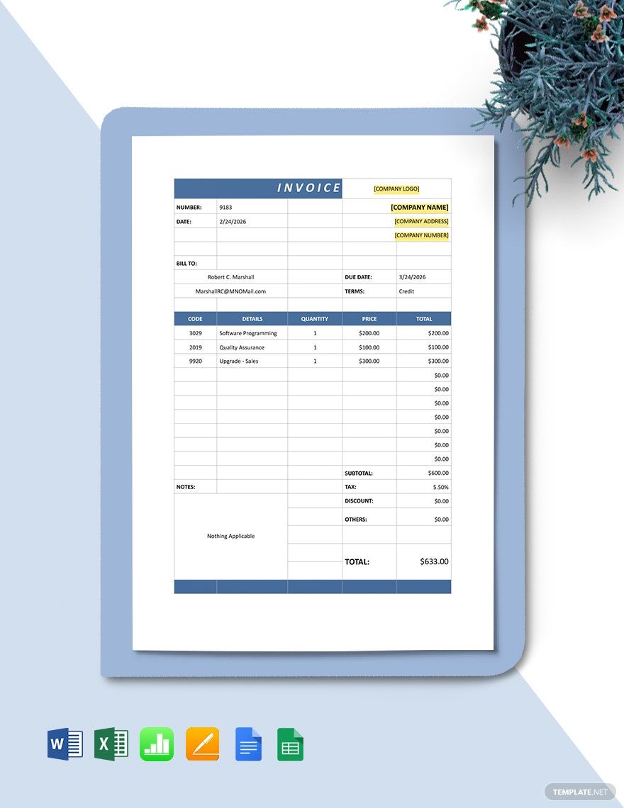 Software Development Invoice Template in Word, Google Docs, Excel, Google Sheets, Apple Pages, Apple Numbers