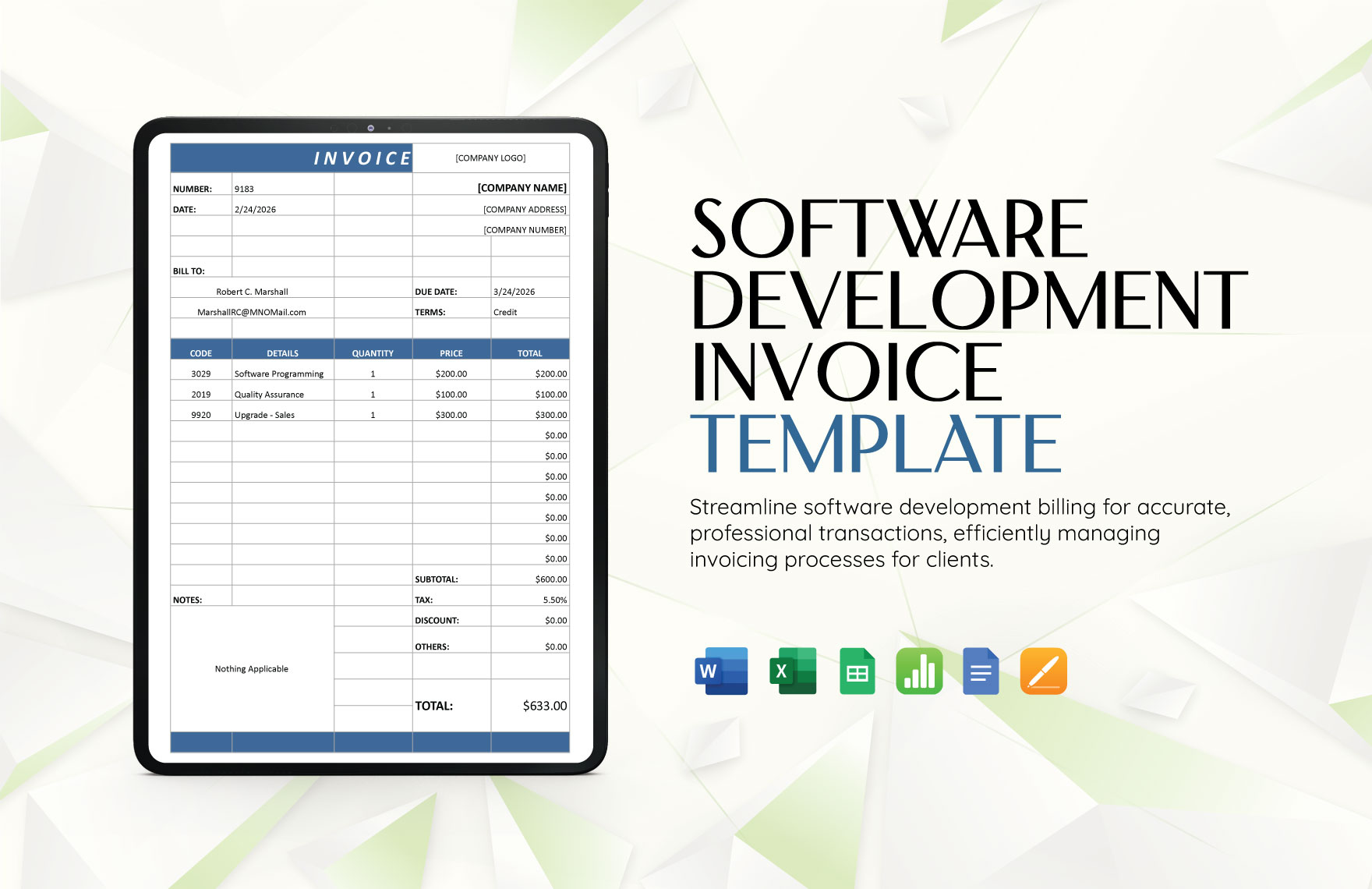 Software Development Invoice Template in Word, Google Docs, Excel, Google Sheets, Apple Pages, Apple Numbers