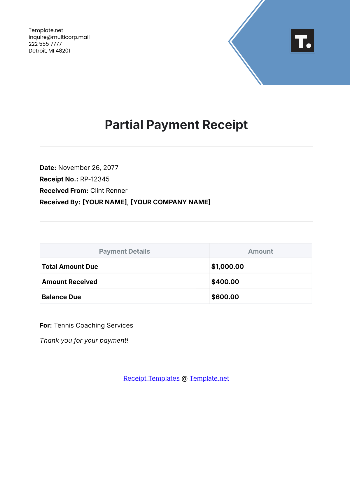 Partial Payment Receipt Template - Edit Online & Download