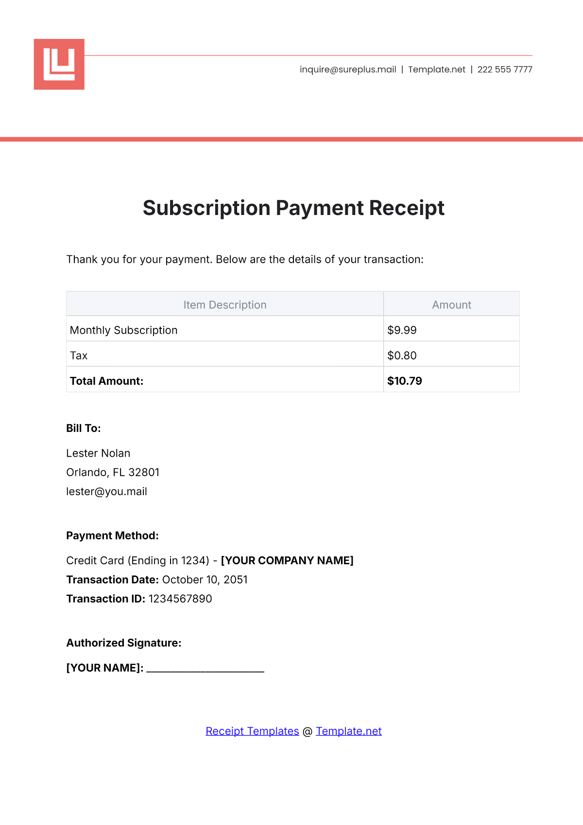 Subscription Payment Receipt Template - Edit Online & Download