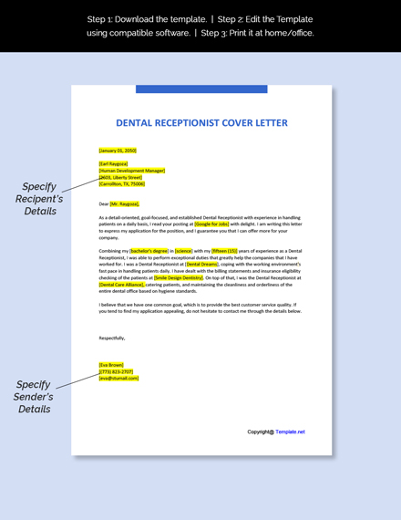 Dental Front Office Cover Letters   Dental Office Receptionist Cover Letter Template 