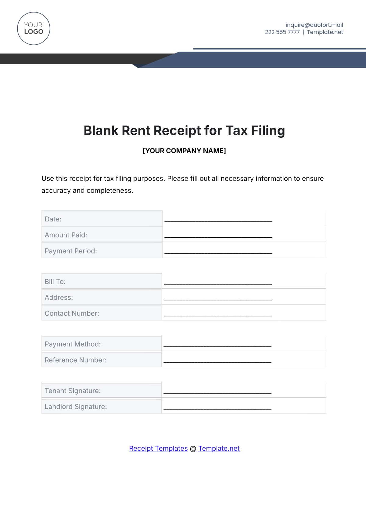 Blank Rent Receipt for Tax Filing Template - Edit Online & Download