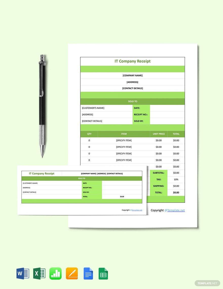 Sample IT Company Receipt Template in Google Sheets, Excel, Word, Google Docs, Pages, Apple Numbers - Download | Template.net