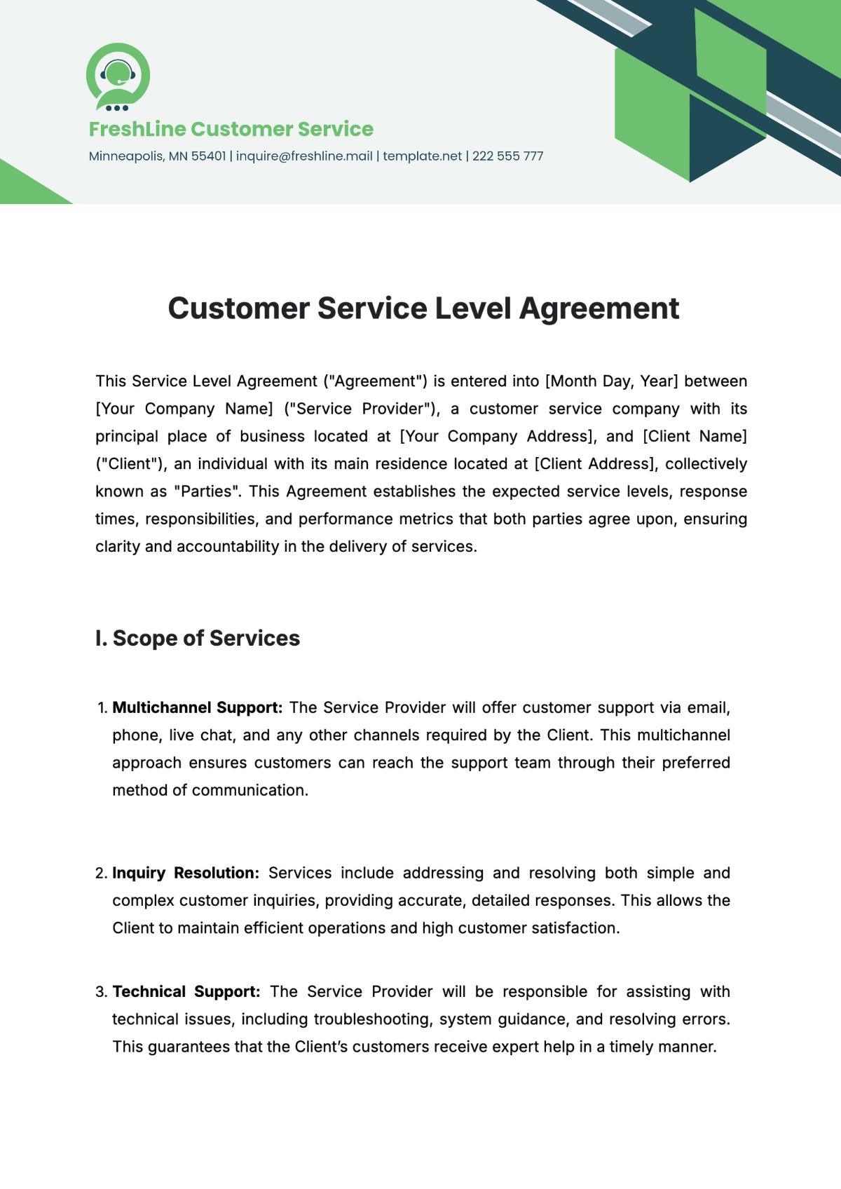 Customer Service Level Agreement Template - Edit Online & Download