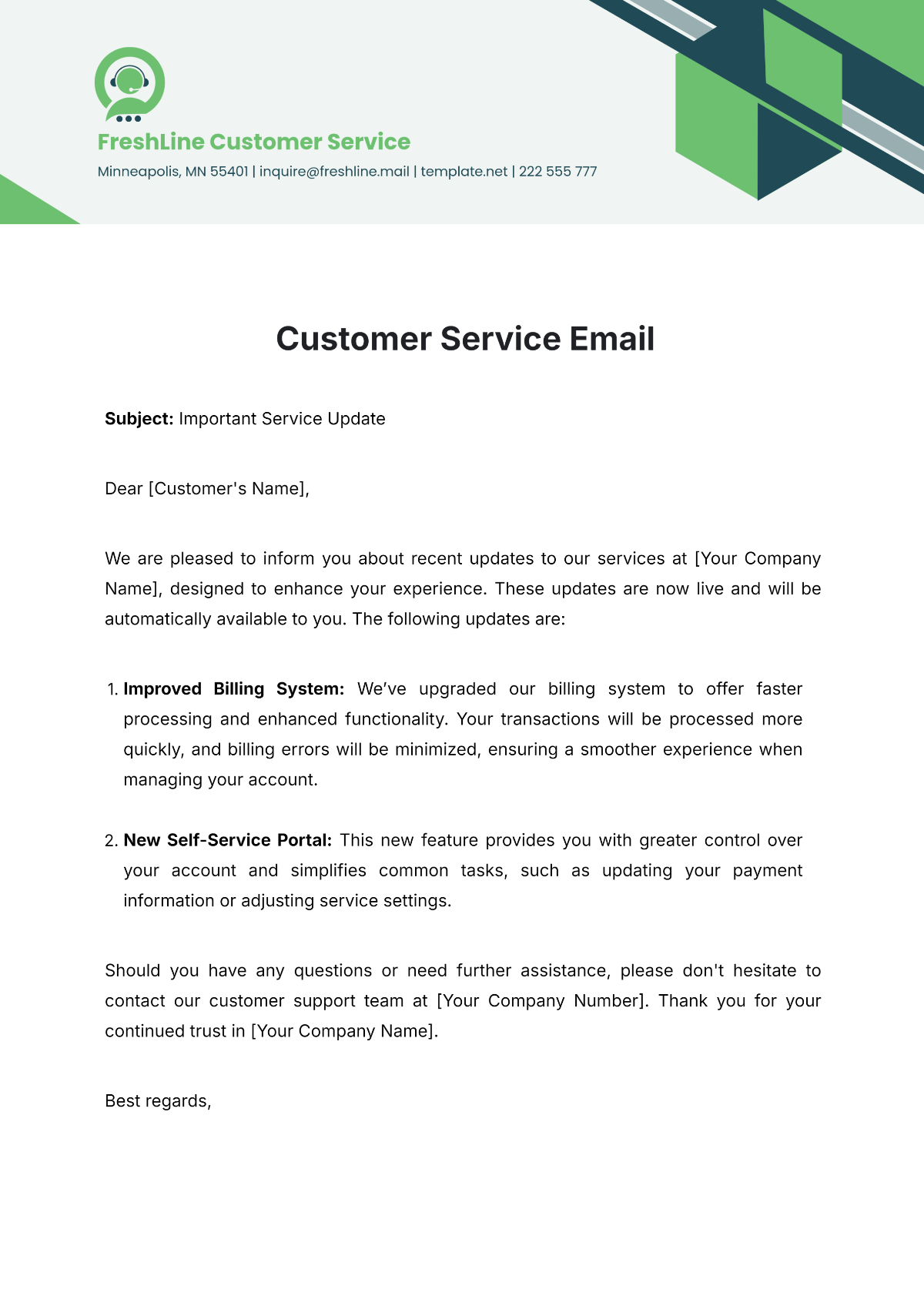 Customer Service Email Template - Edit Online & Download