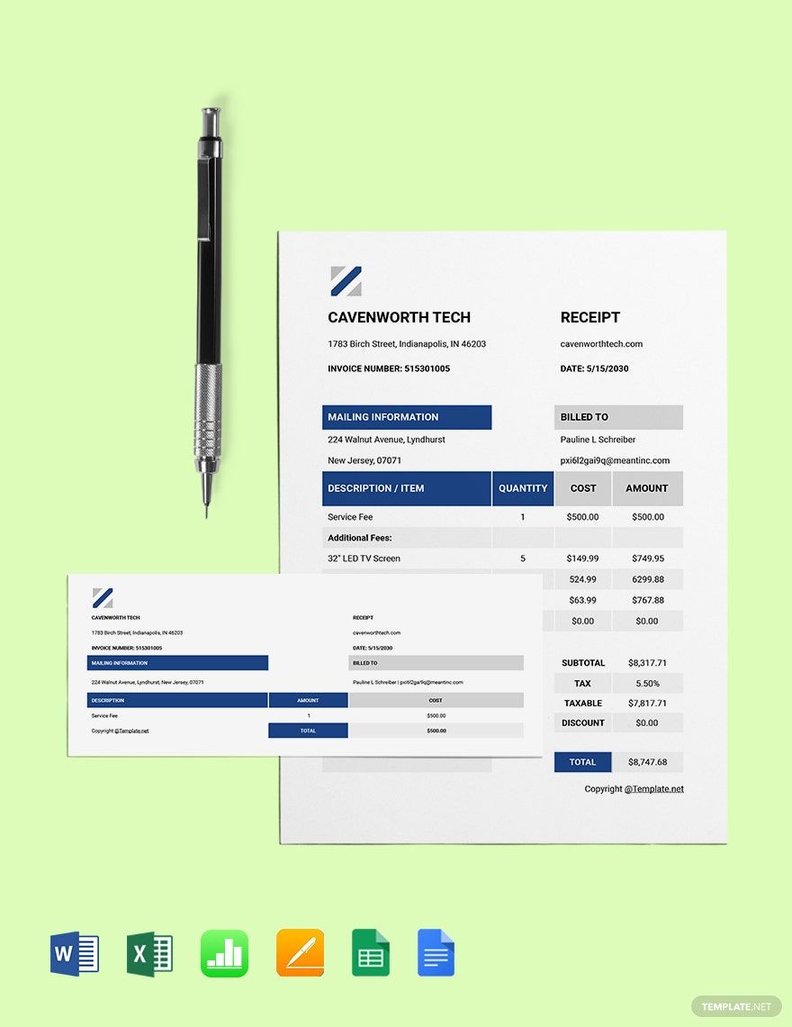 Basic IT Receipt Template in Word, Google Docs, Excel, Google Sheets, Apple Pages, Apple Numbers