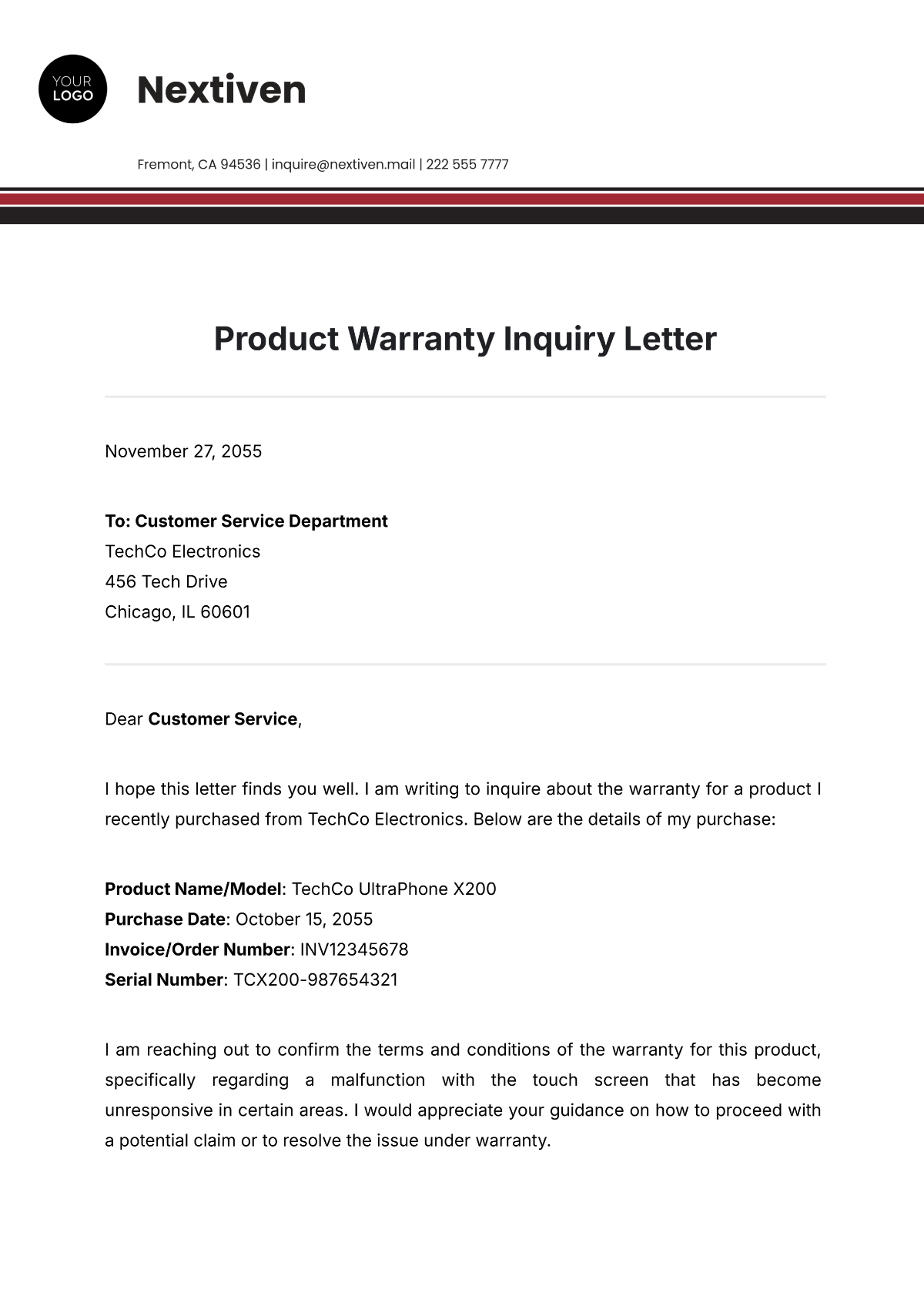 Product Warranty Inquiry Letter Template