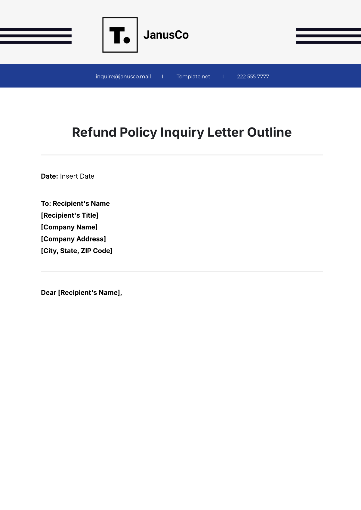 Refund Policy Inquiry Letter Outline Template