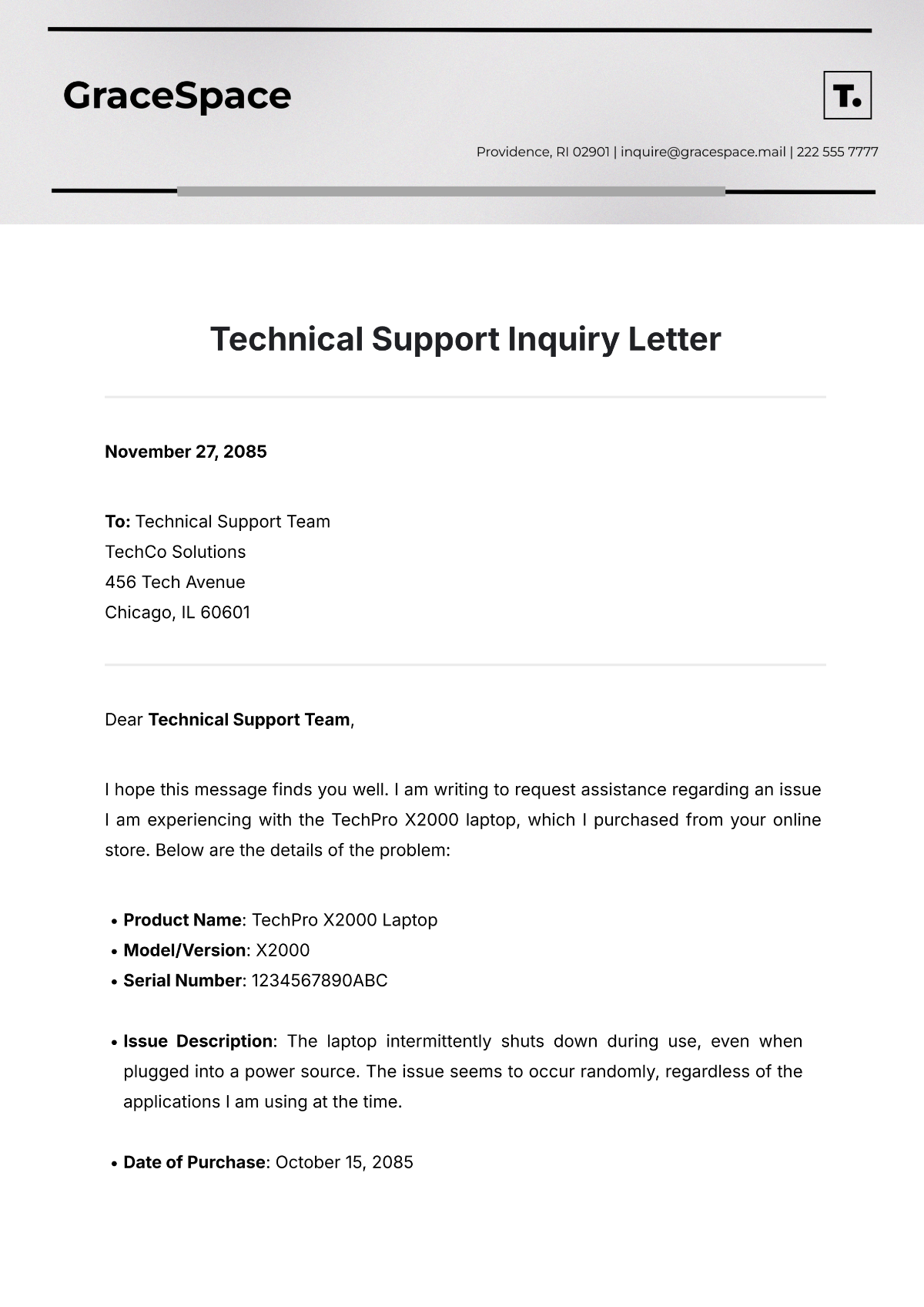 Technical Support Inquiry Letter Template