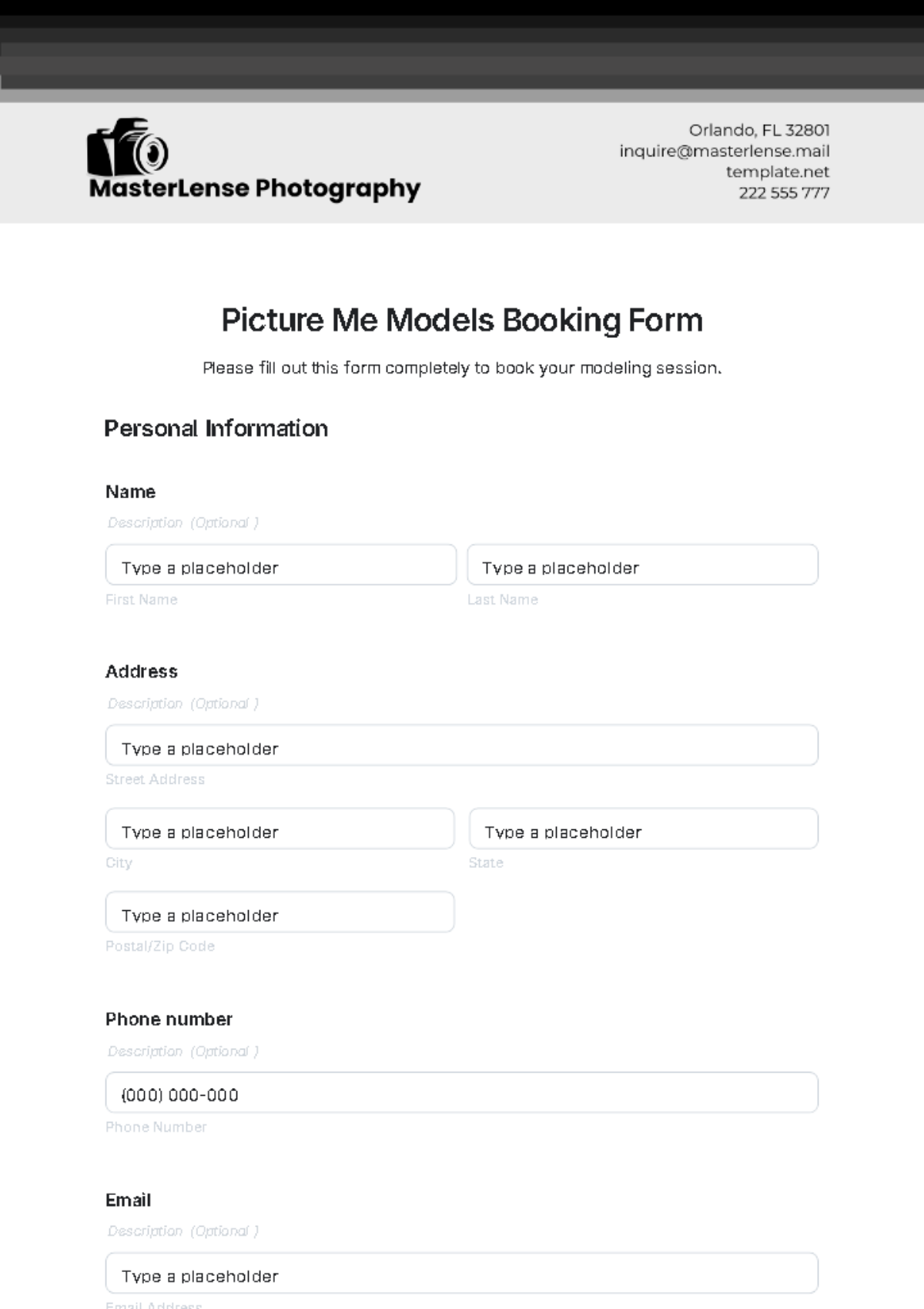 Picture Me Models Booking Form Template - Edit Online & Download