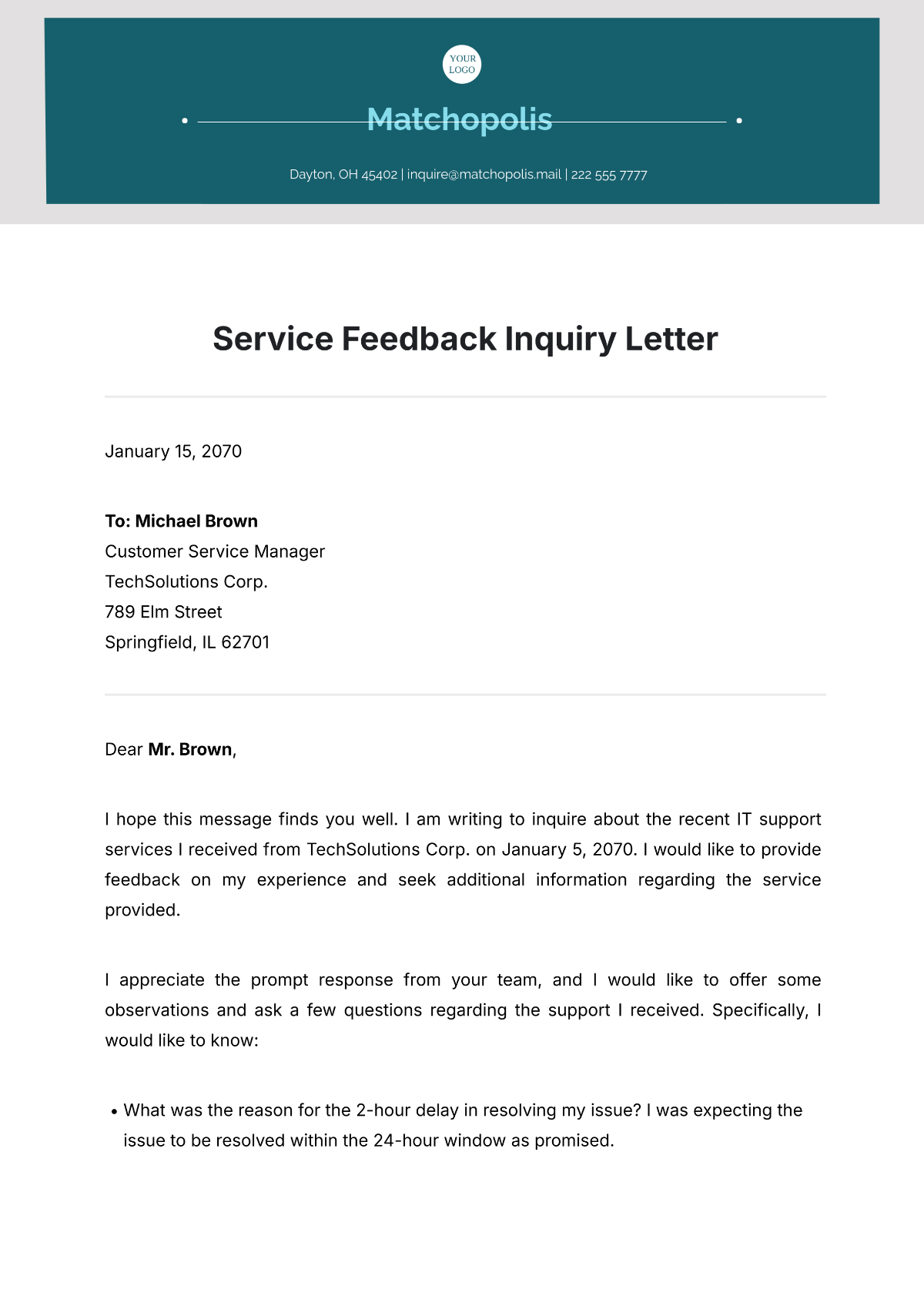 Service Feedback Inquiry Letter Template