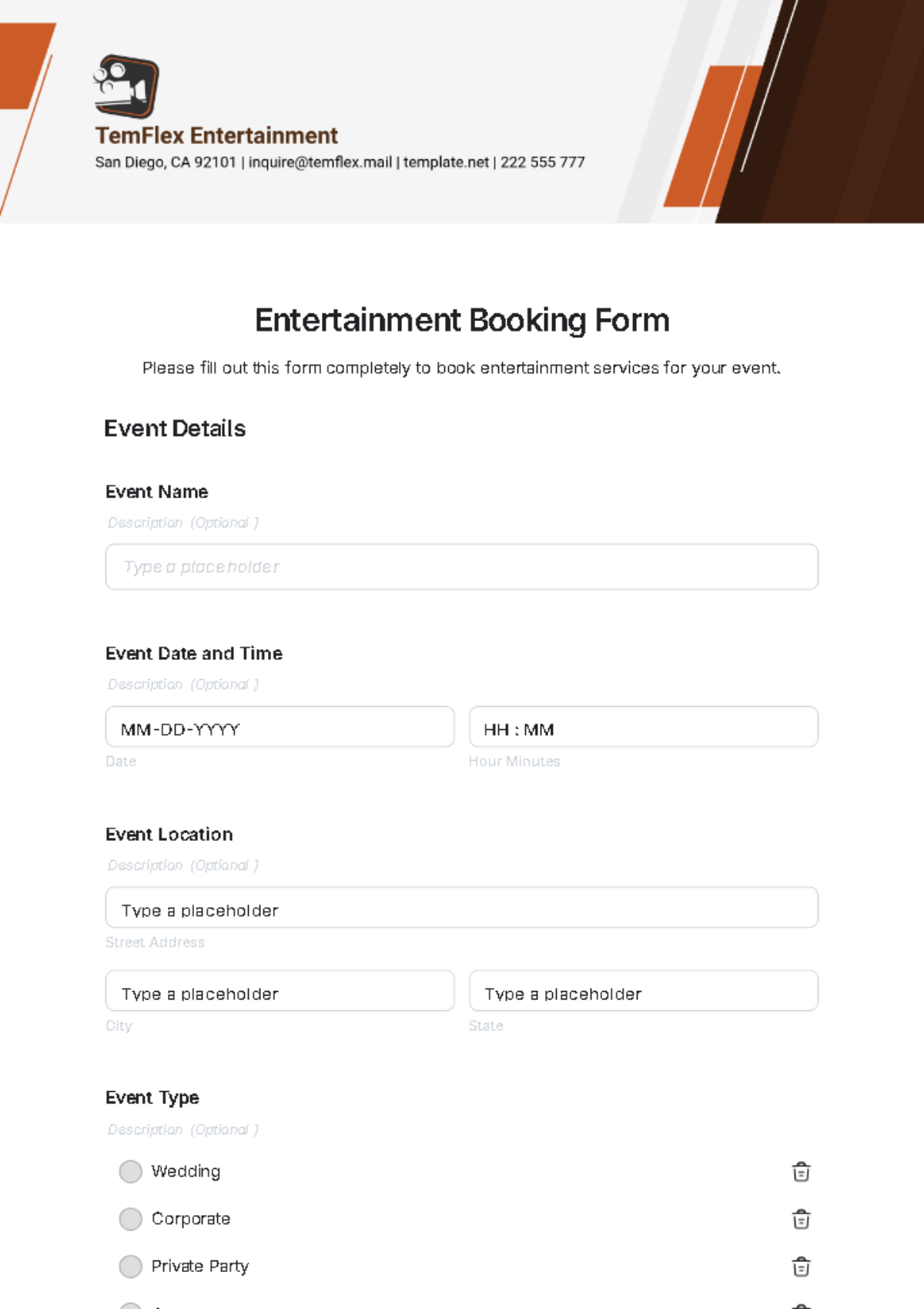 Free Entertainment Booking Form Template