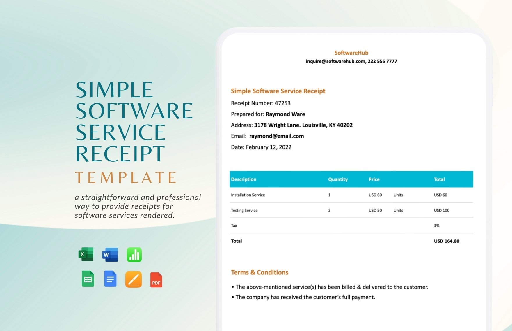 Simple Software Service Receipt Template in Word, Google Docs, Excel, PDF, Google Sheets, Apple Pages, Apple Numbers