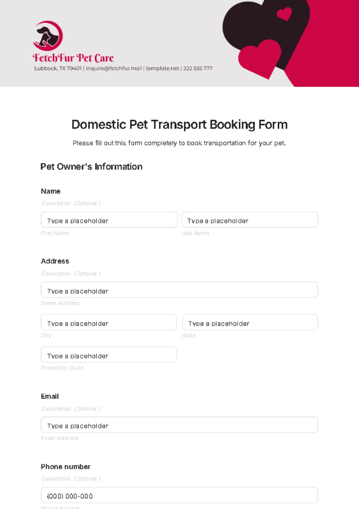 Domestic Pet Transport Booking Form Template - Edit Online & Download