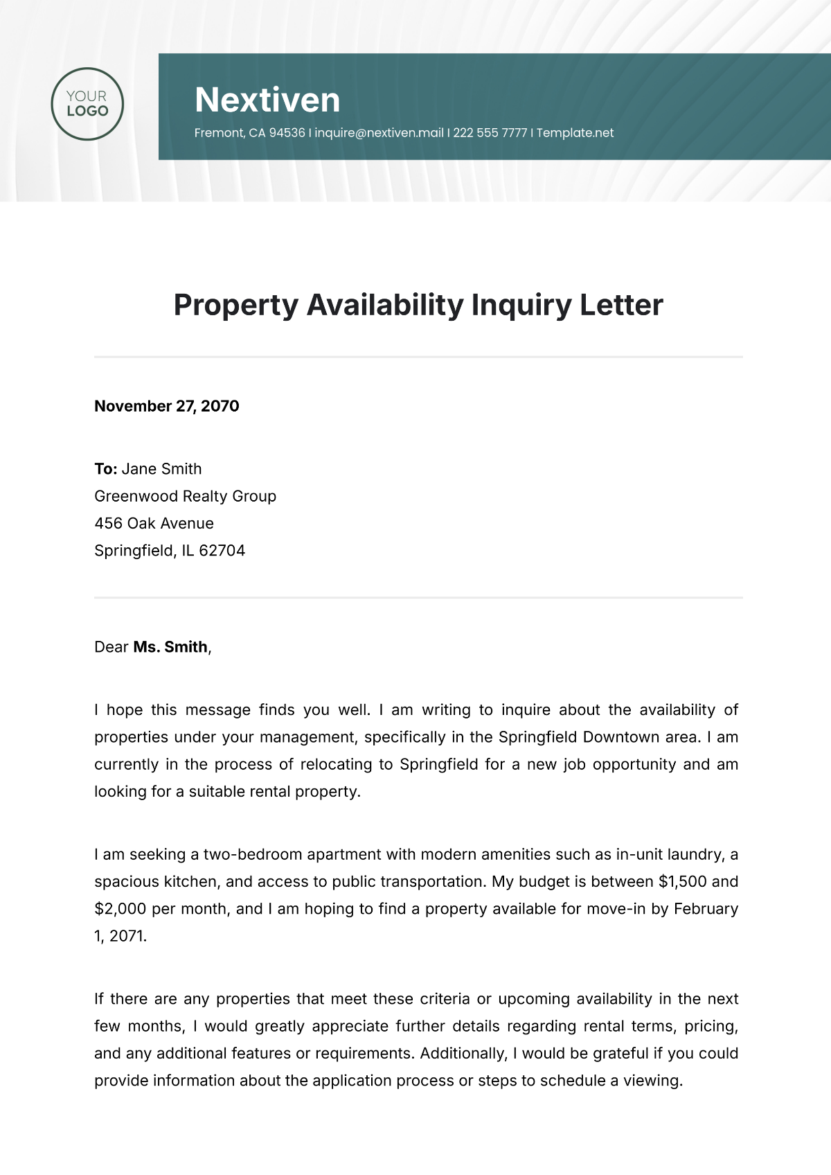 Property Availability Inquiry Letter Template