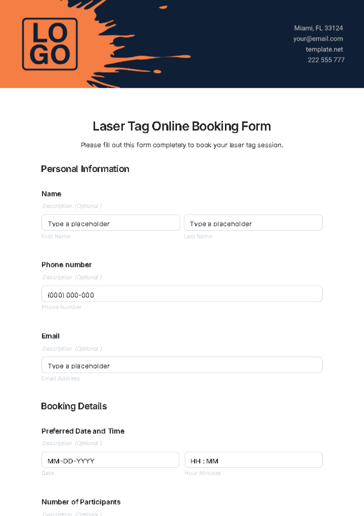 Laser Tag Online Booking Form Template - Edit Online & Download