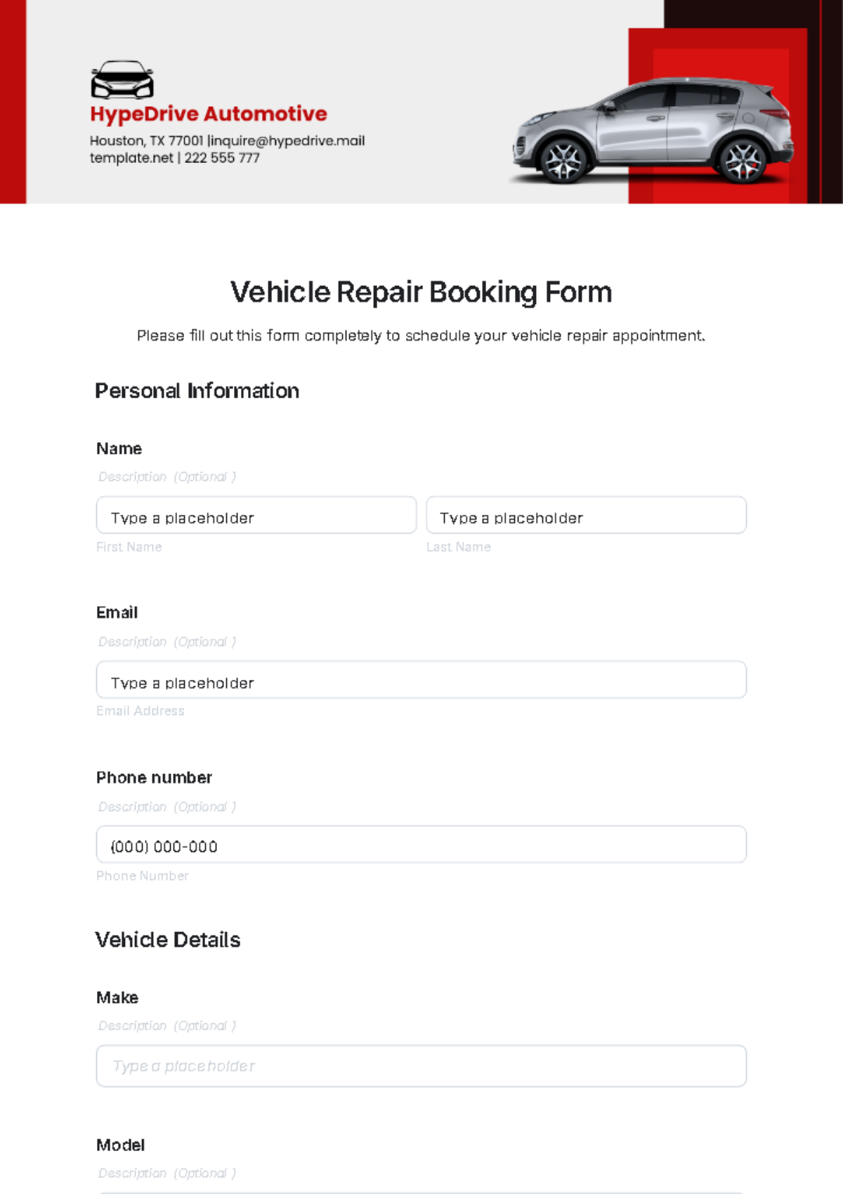 Vehicle Repair Booking Form Template - Edit Online & Download