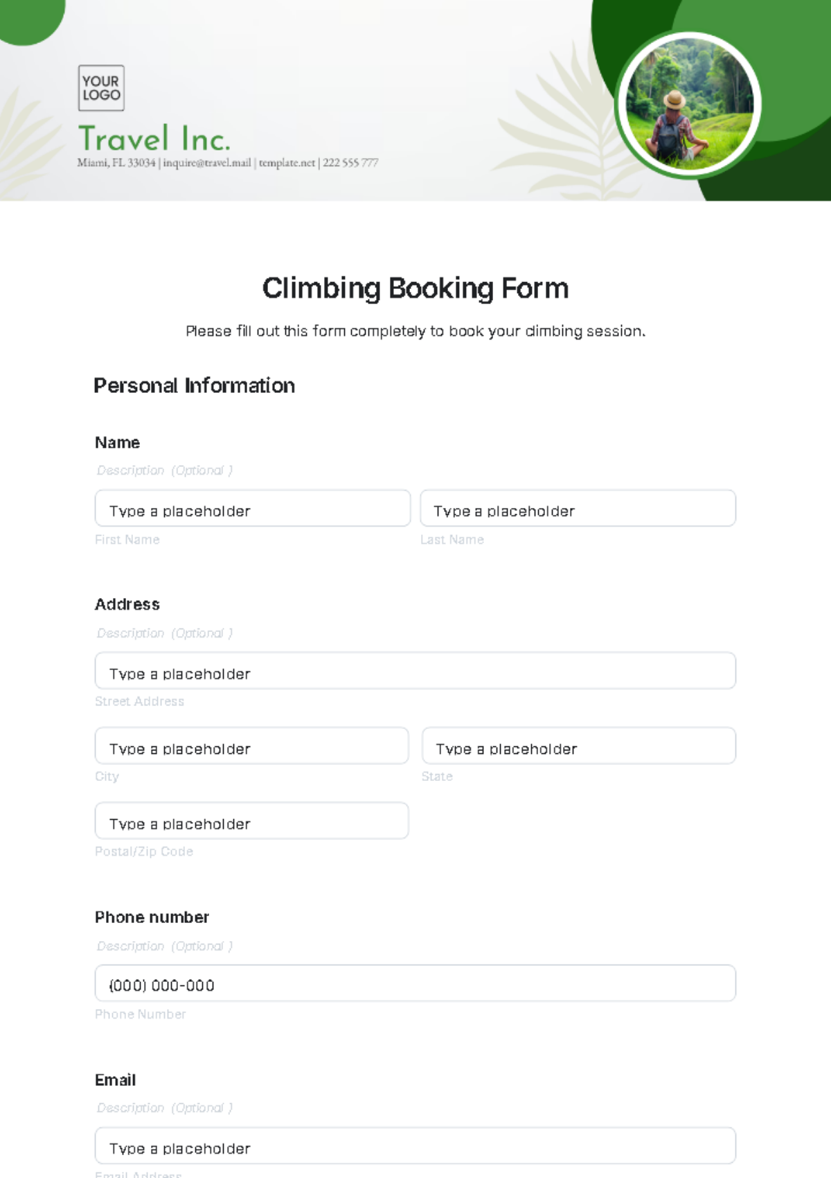 Climbing Booking Form Template - Edit Online & Download