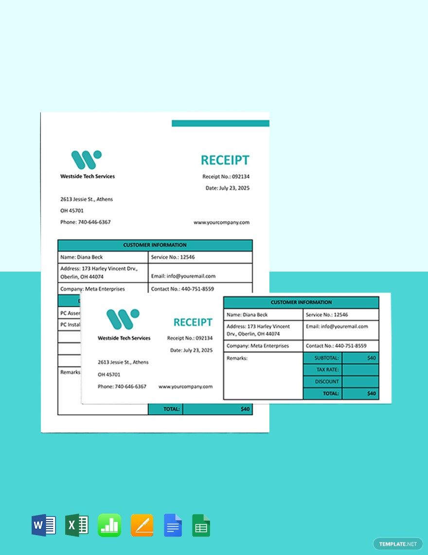 IT Service Receipt Template in Word, Google Docs, Excel, Google Sheets, Apple Pages, Apple Numbers