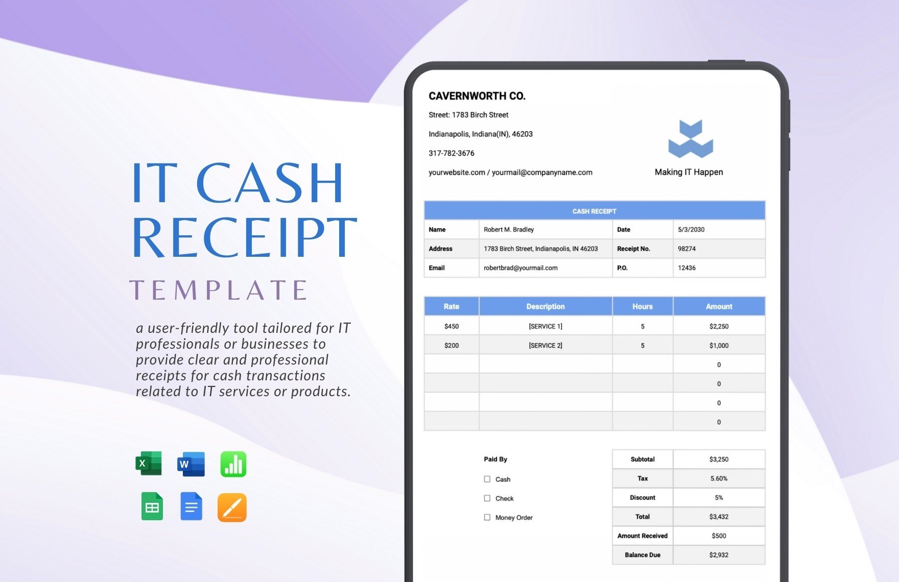 IT Cash Receipt Template in Word, Google Docs, Excel, Google Sheets, Apple Pages, Apple Numbers