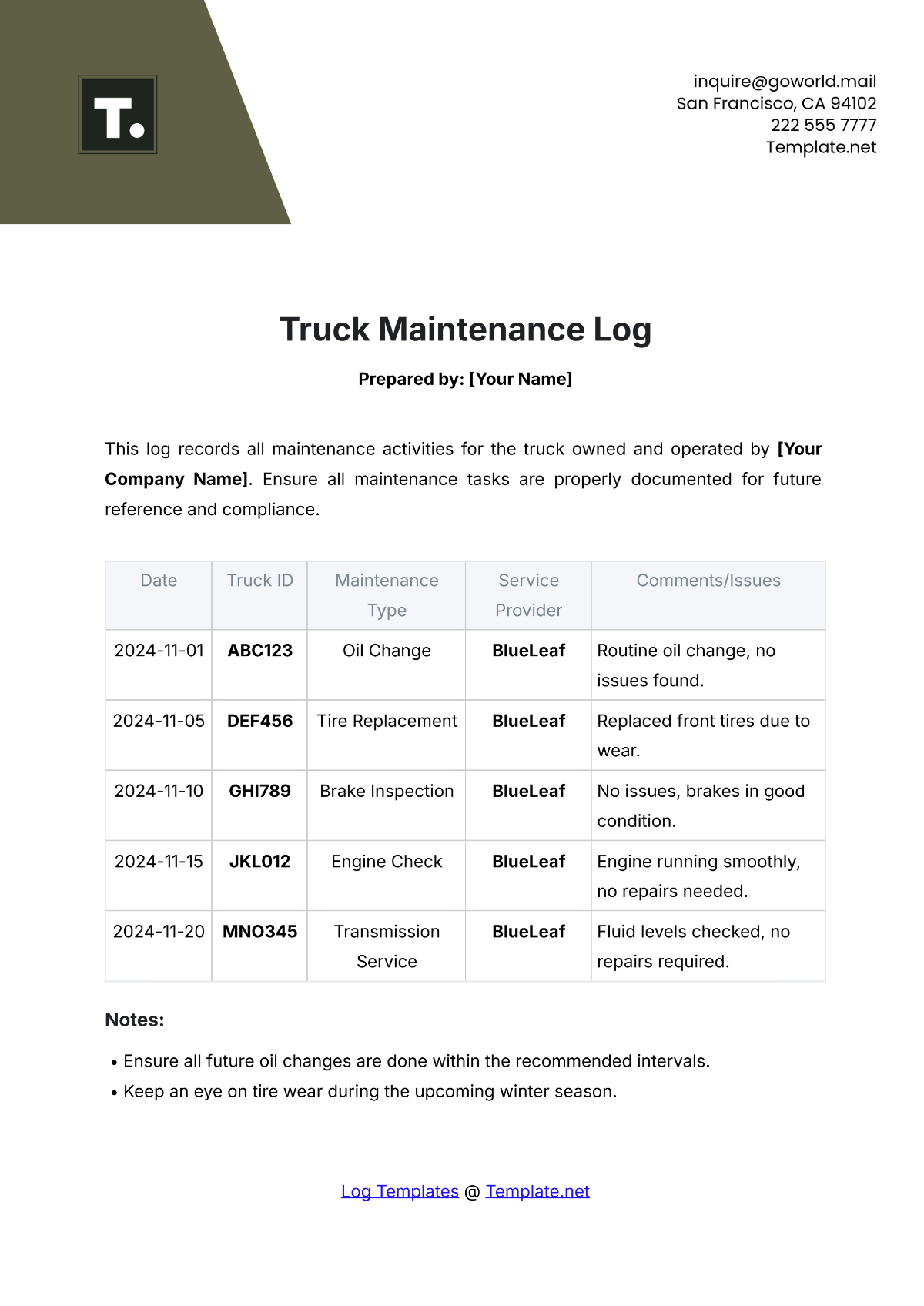 Truck Maintenance Log Template - Edit Online & Download