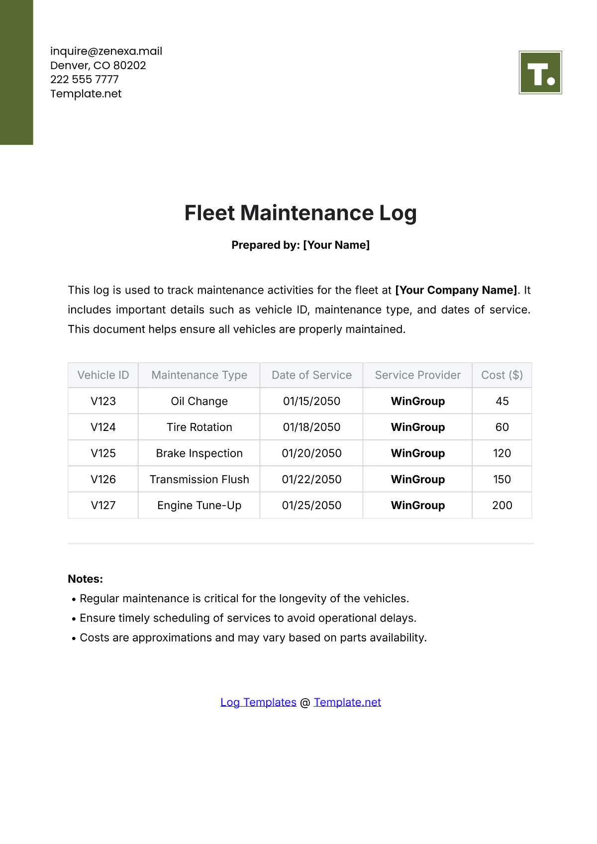 Fleet Maintenance Log Template - Edit Online & Download