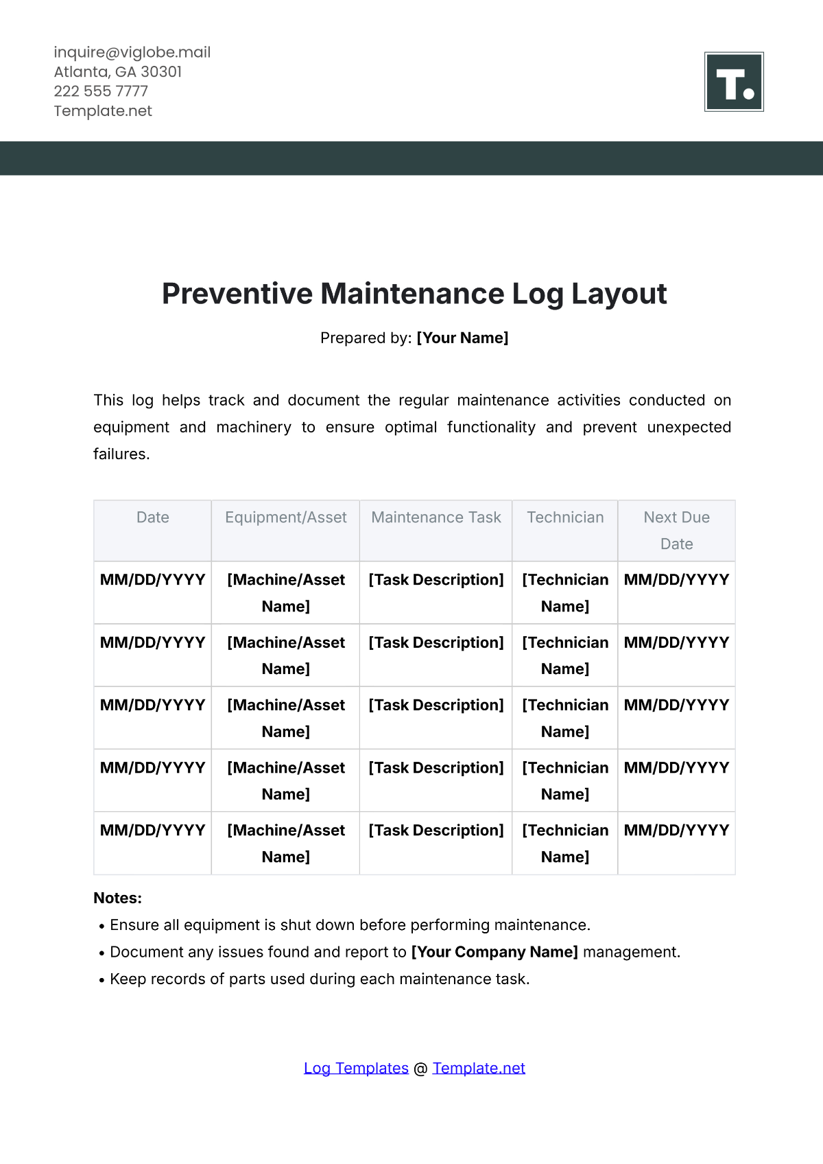 Preventive Maintenance Log Layout Template - Edit Online & Download