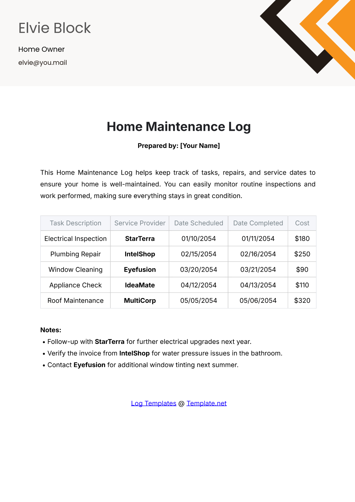 Home Maintenance Log Template - Edit Online & Download