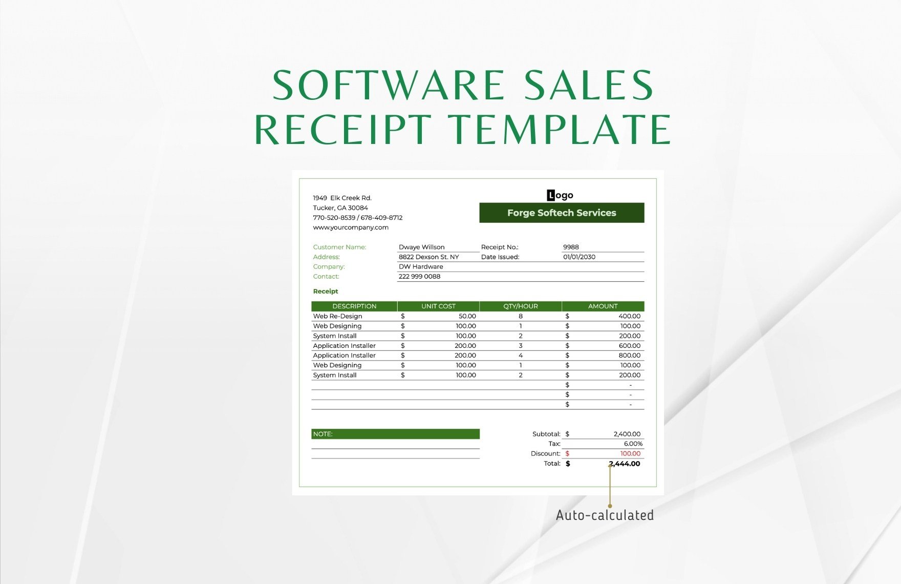 Software Sales Receipt Template