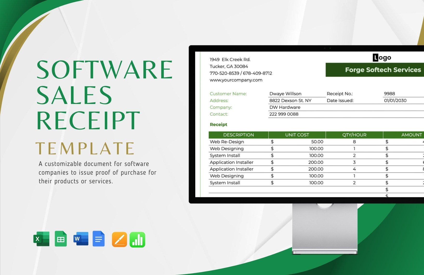 Software Sales Receipt Template in Word, Google Docs, Excel, Google Sheets, Apple Pages, Apple Numbers