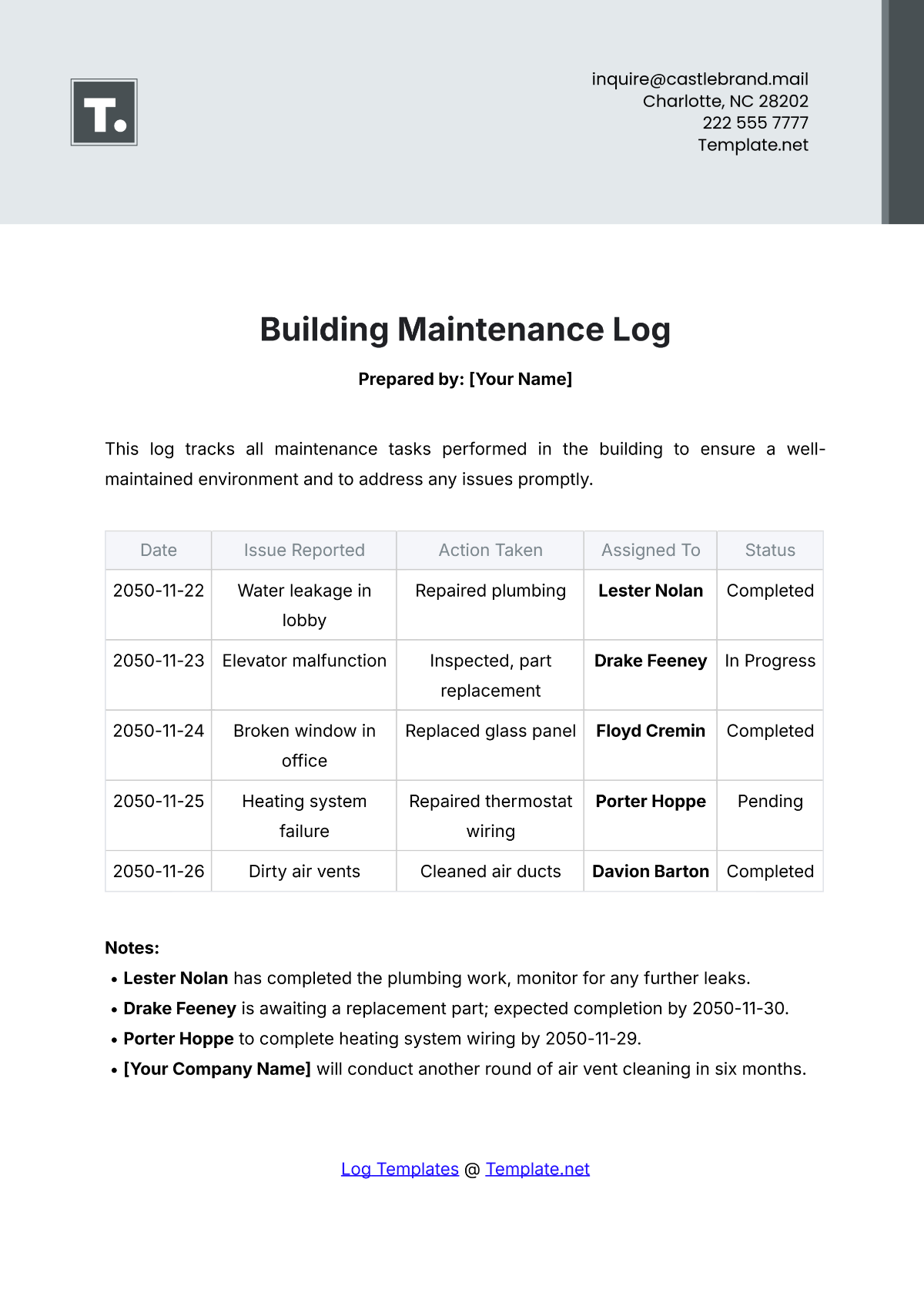 Building Maintenance Log Template - Edit Online & Download