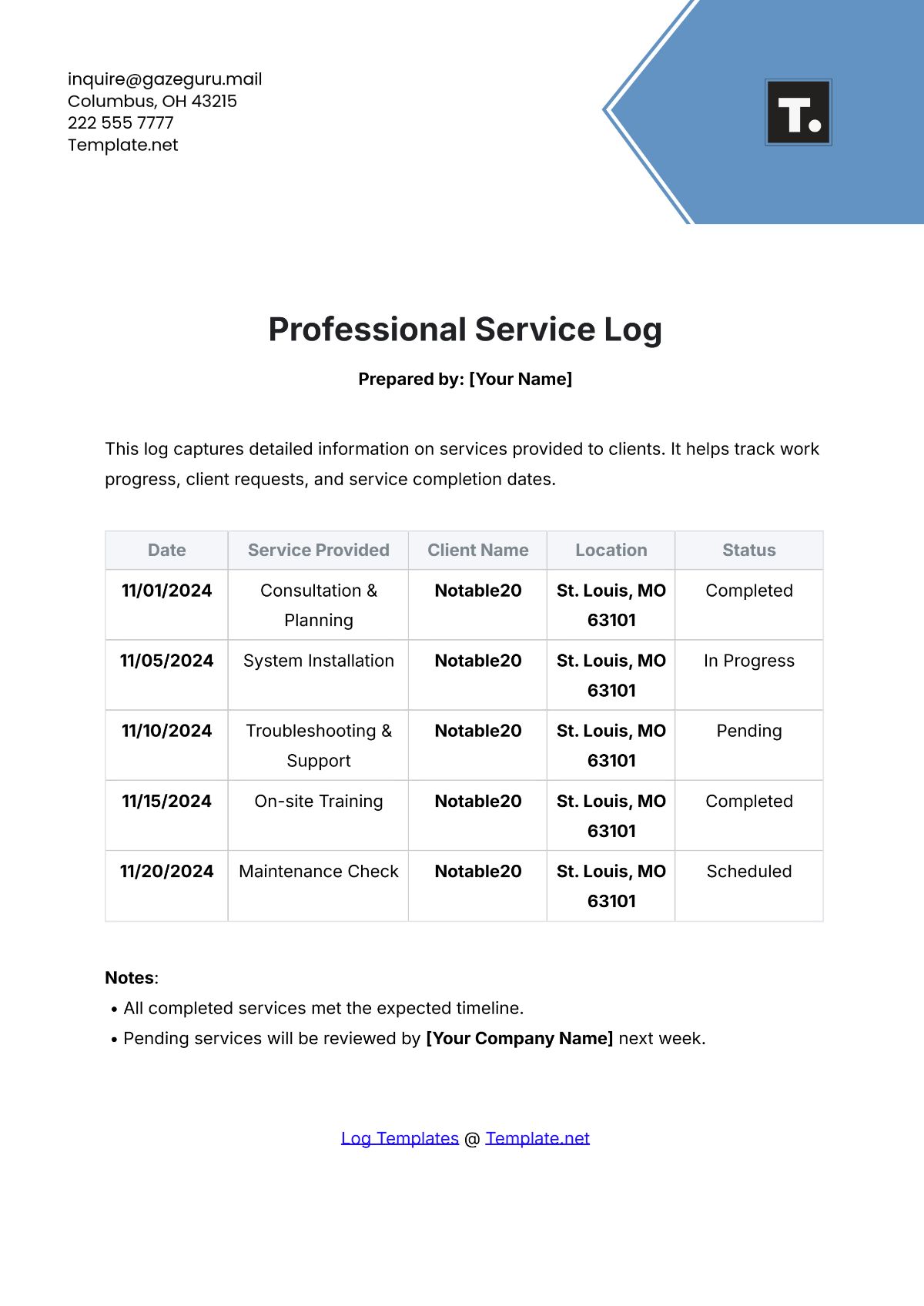 Professional Service Log Template - Edit Online & Download