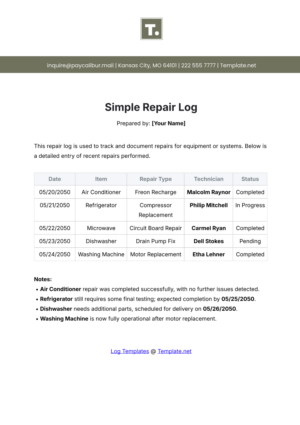 Simple Repair Log Template - Edit Online & Download