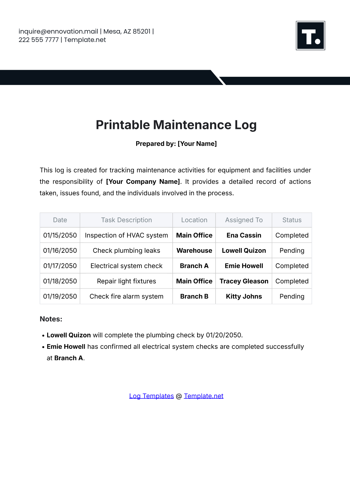 Printable Maintenance Log Template - Edit Online & Download