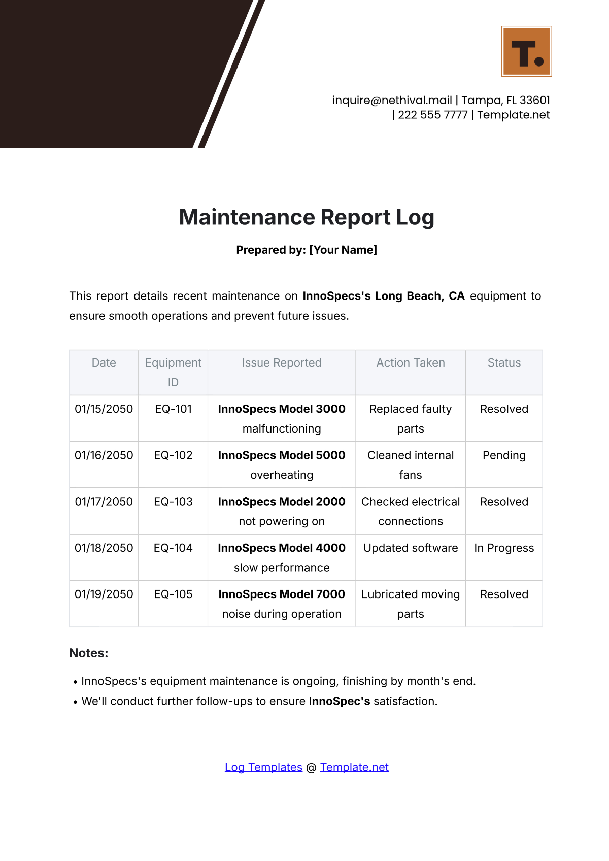 Maintenance Report Log Template - Edit Online & Download