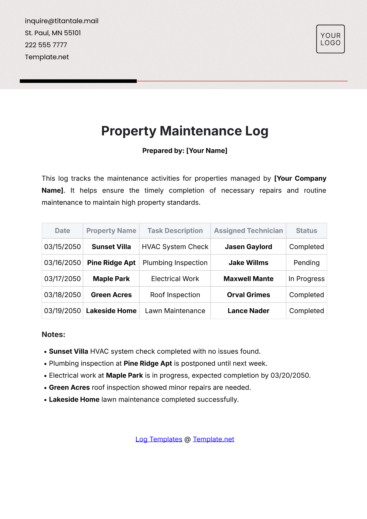 Property Maintenance Log Template - Edit Online & Download