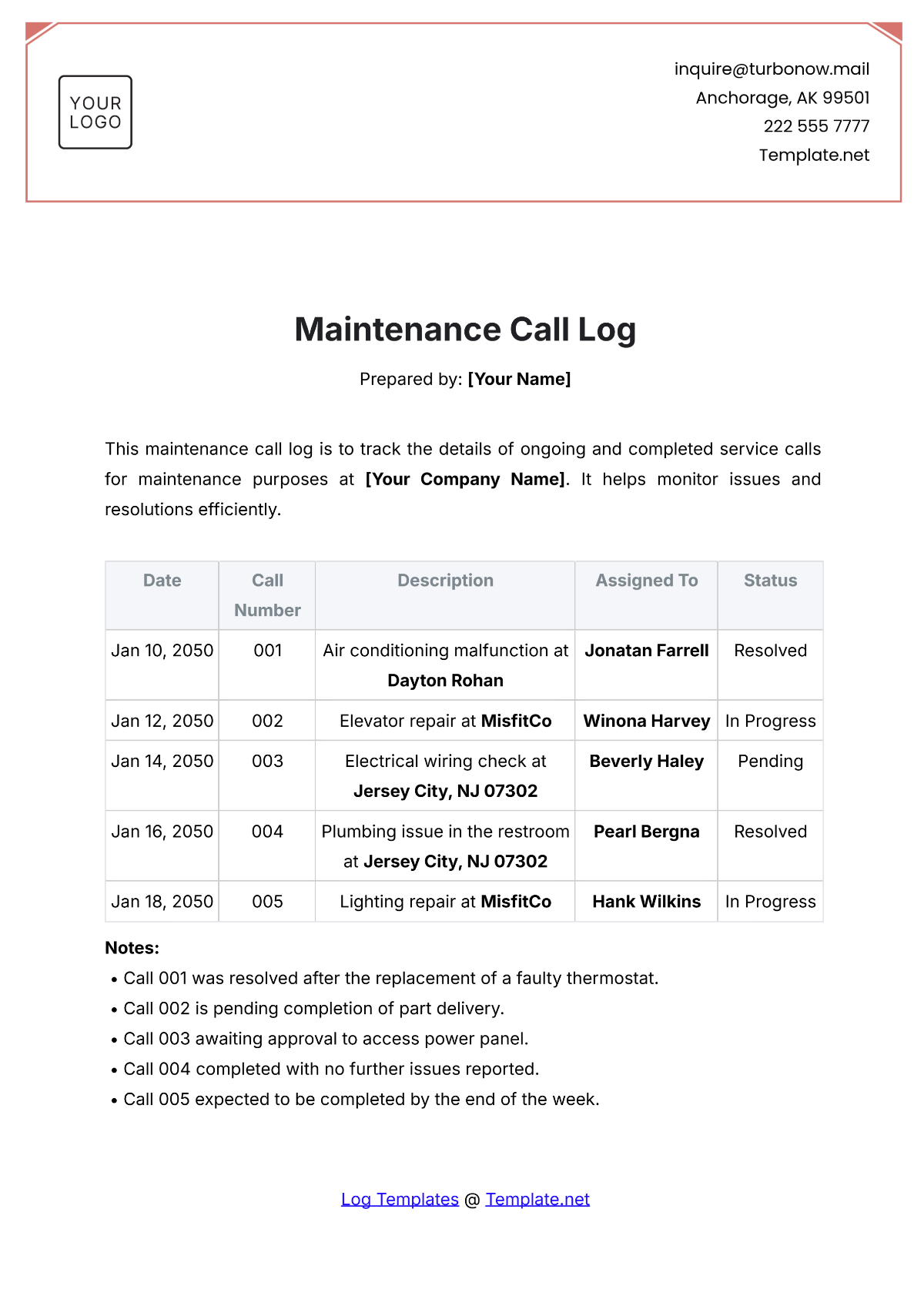 Maintenance Call Log Template - Edit Online & Download