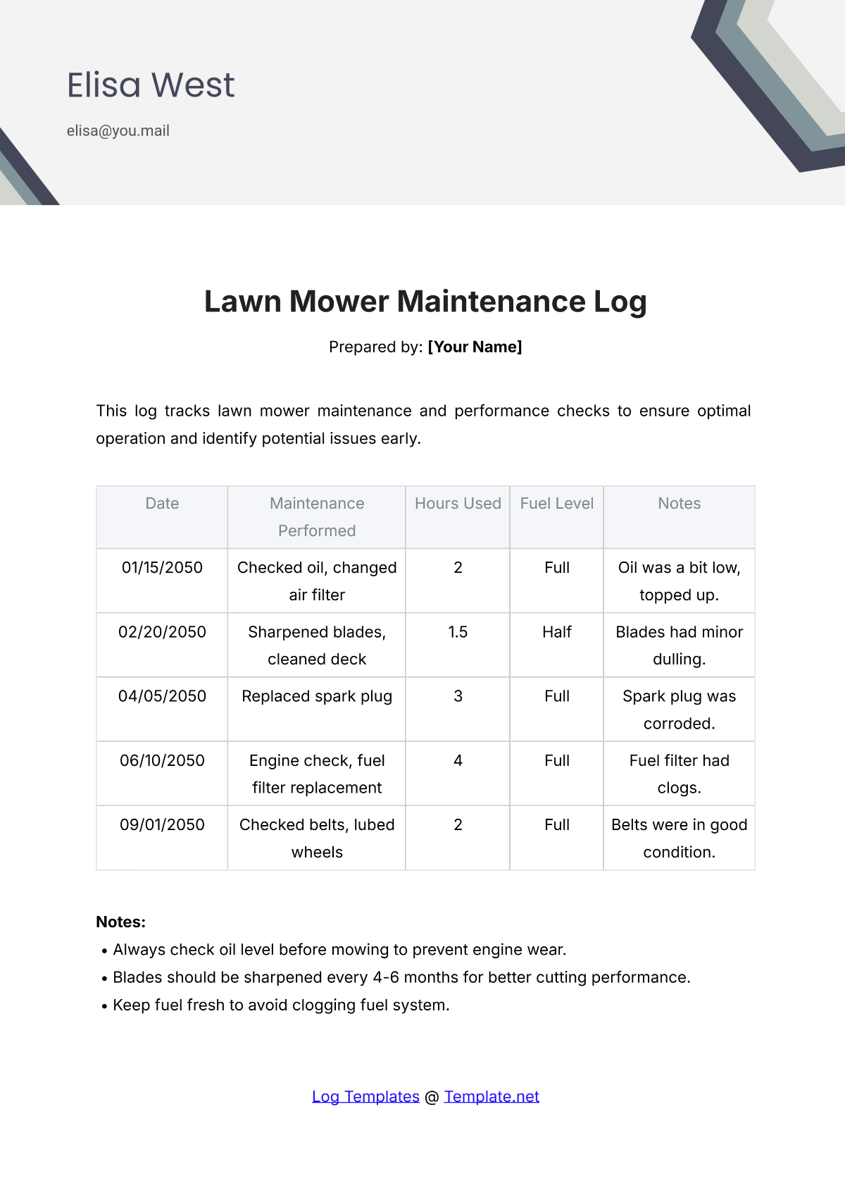 Lawn Mower Maintenance Log Template - Edit Online & Download