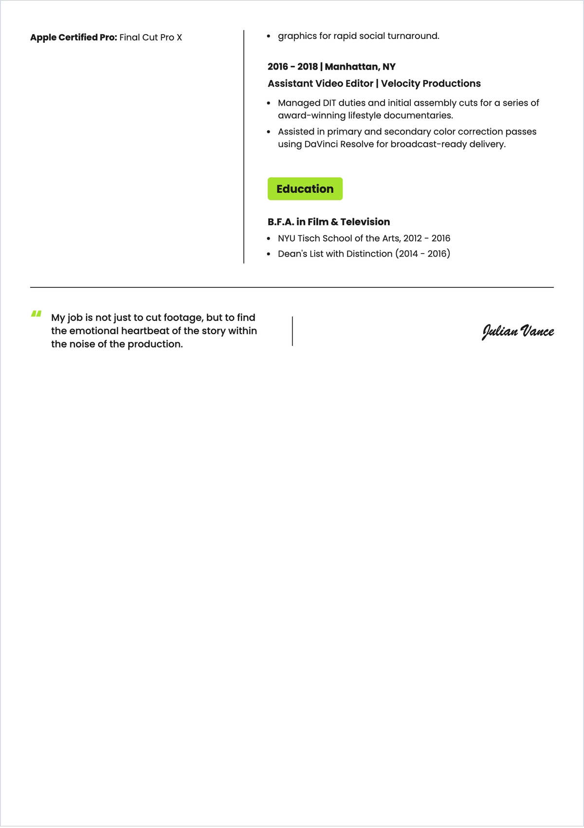 Free Sample Video Editor ATS Resume Template, AI Resume Builder