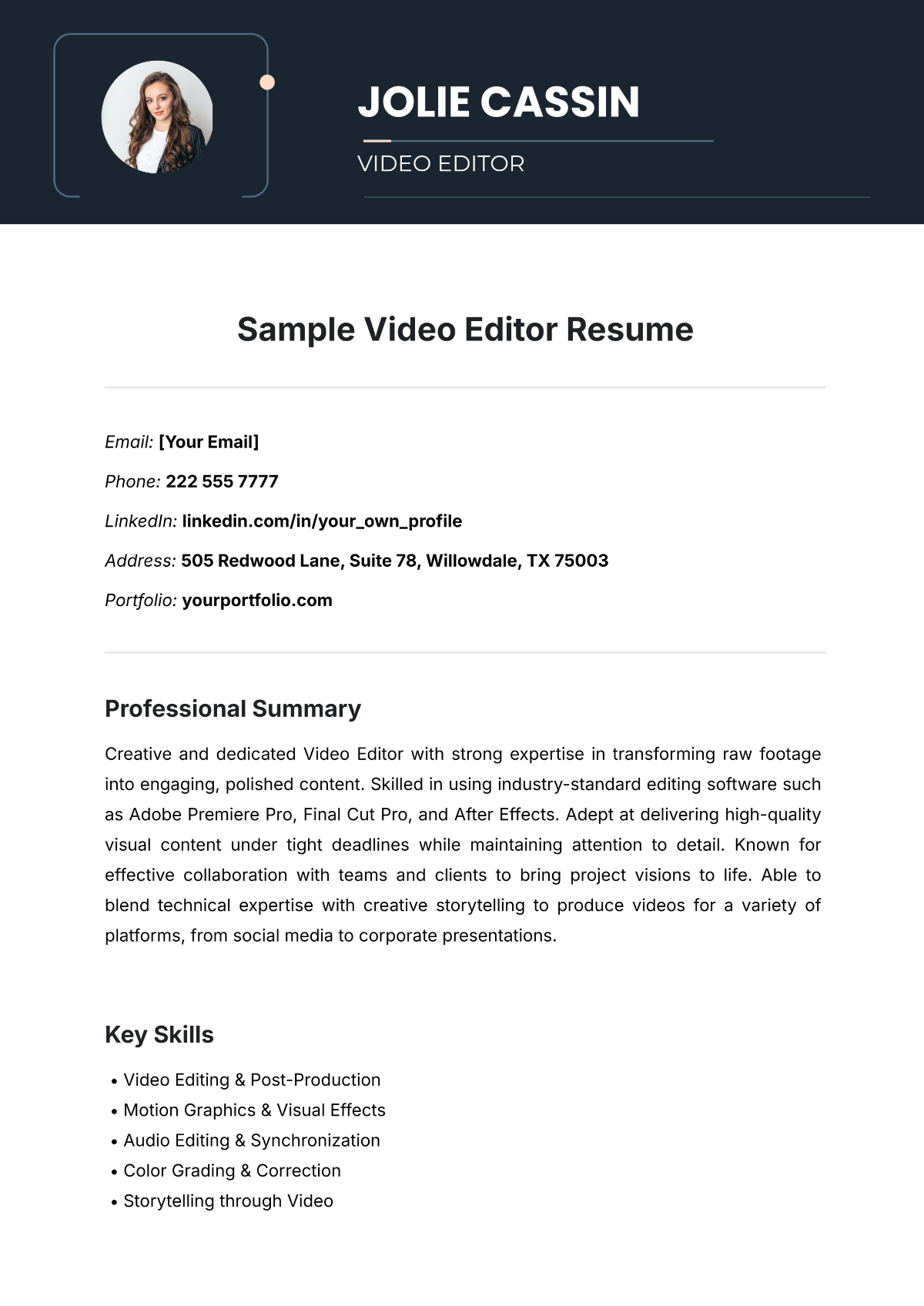 Sample Video Editor Resume Template - Edit Online & Download