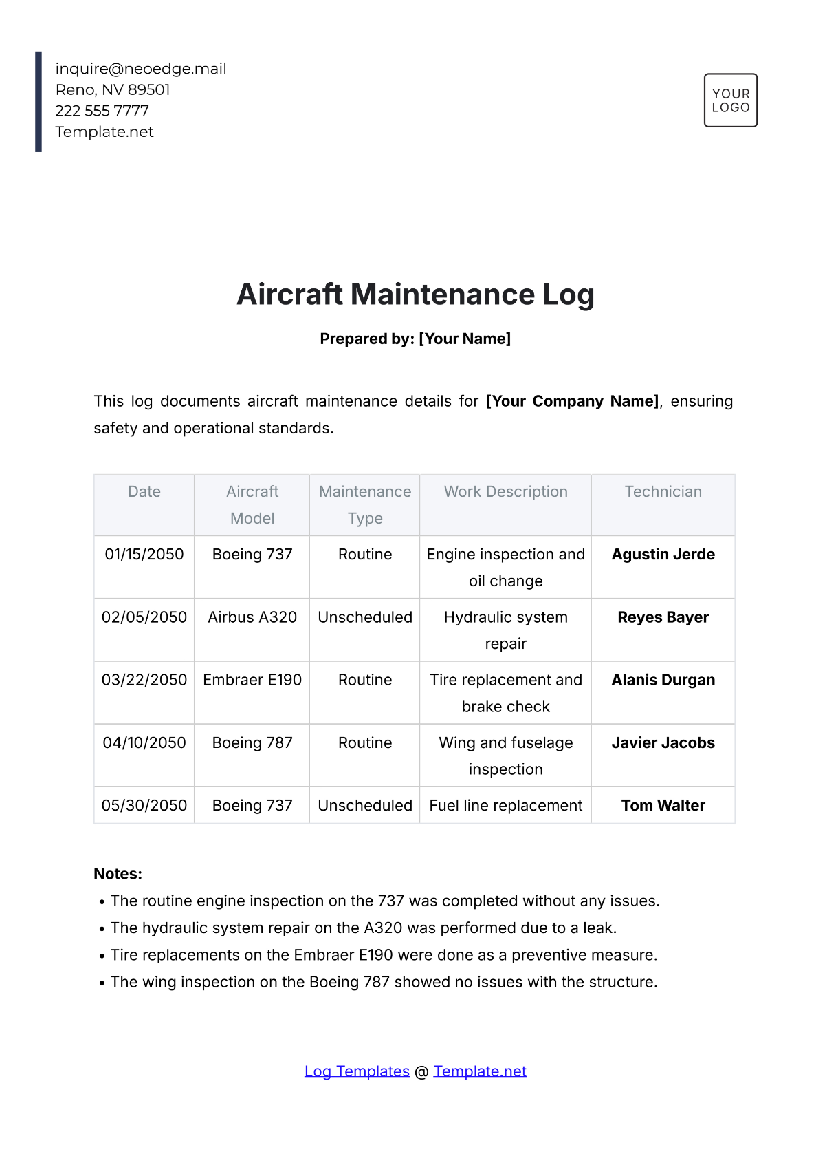 Aircraft Maintenance Log Template - Edit Online & Download