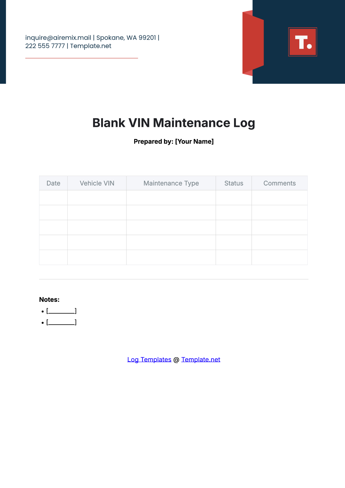 Blank VIN Maintenance Log Template - Edit Online & Download