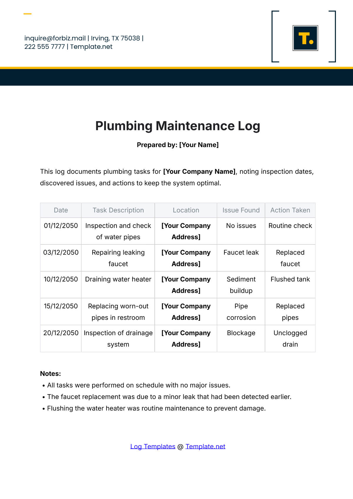 Plumbing Maintenance Log Template - Edit Online & Download