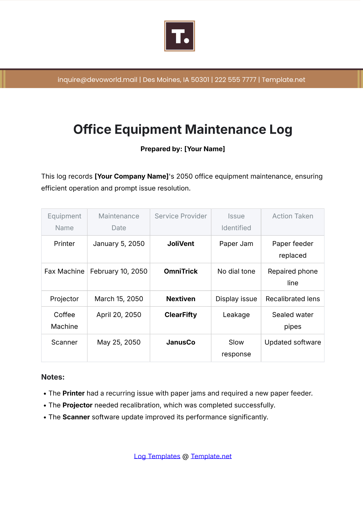 Office Equipment Maintenance Log Template - Edit Online & Download