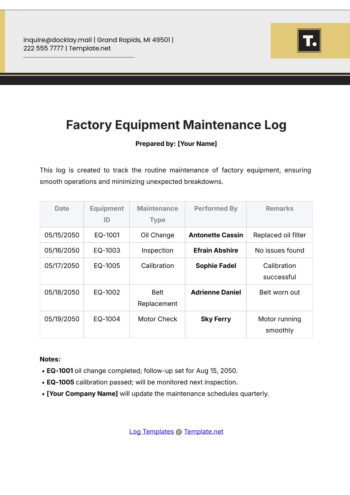 Factory Equipment Maintenance Log Template - Edit Online & Download