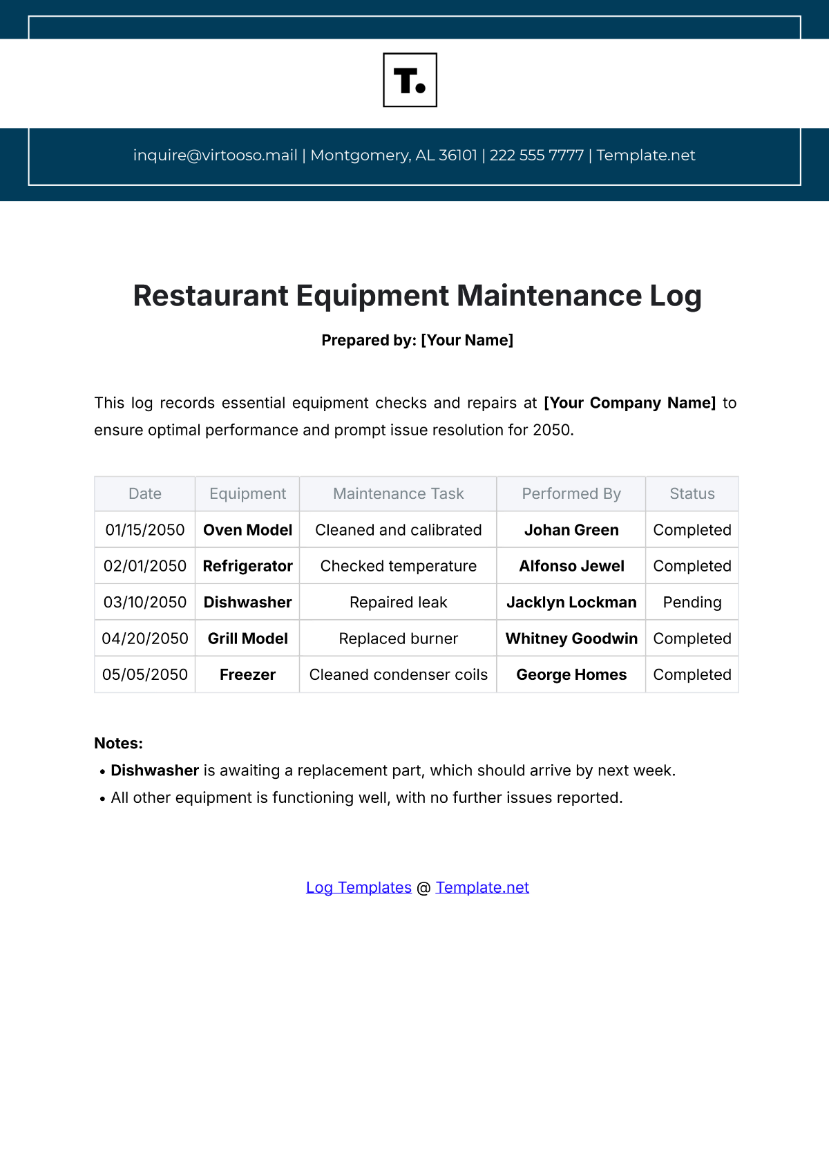 Restaurant Equipment Maintenance Log Template - Edit Online & Download