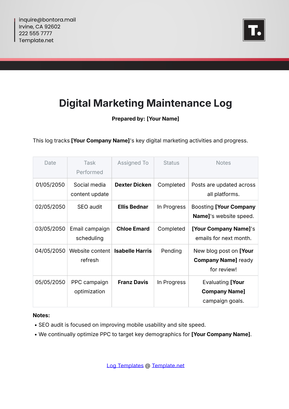 Digital Marketing Maintenance Log Template - Edit Online & Download