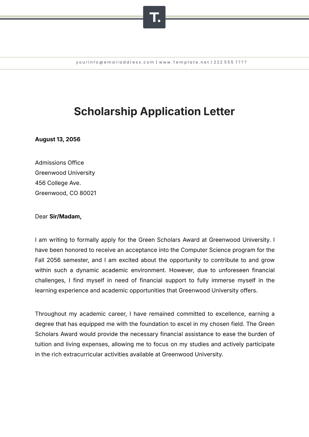 Scholarship Application Letter Template - Edit Online & Download