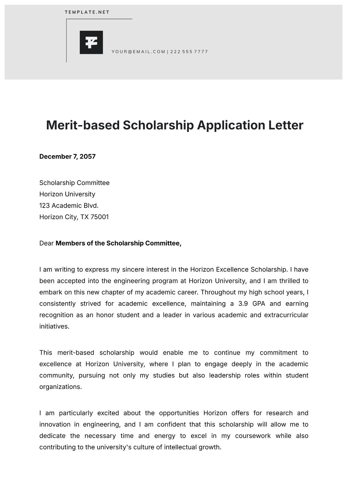 Merit-based Scholarship Application Letter Template